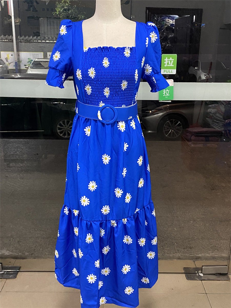 Women's Cherry Print Smocked Square-Neck Fall Midi Dress