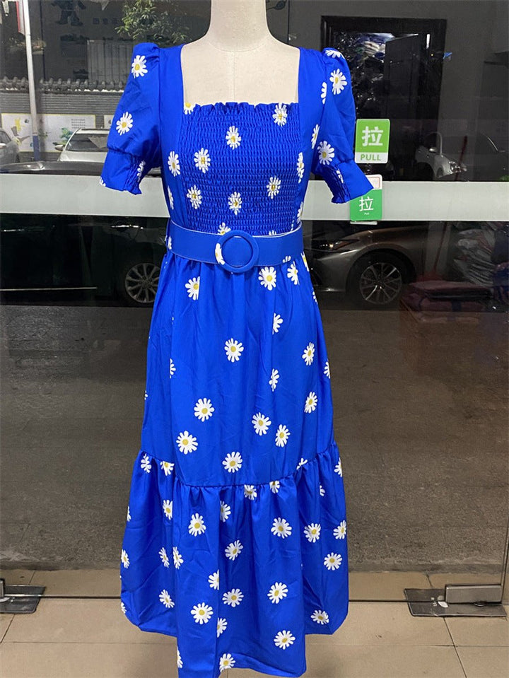 Women's Cherry Print Smocked Square-Neck Fall Midi Dress