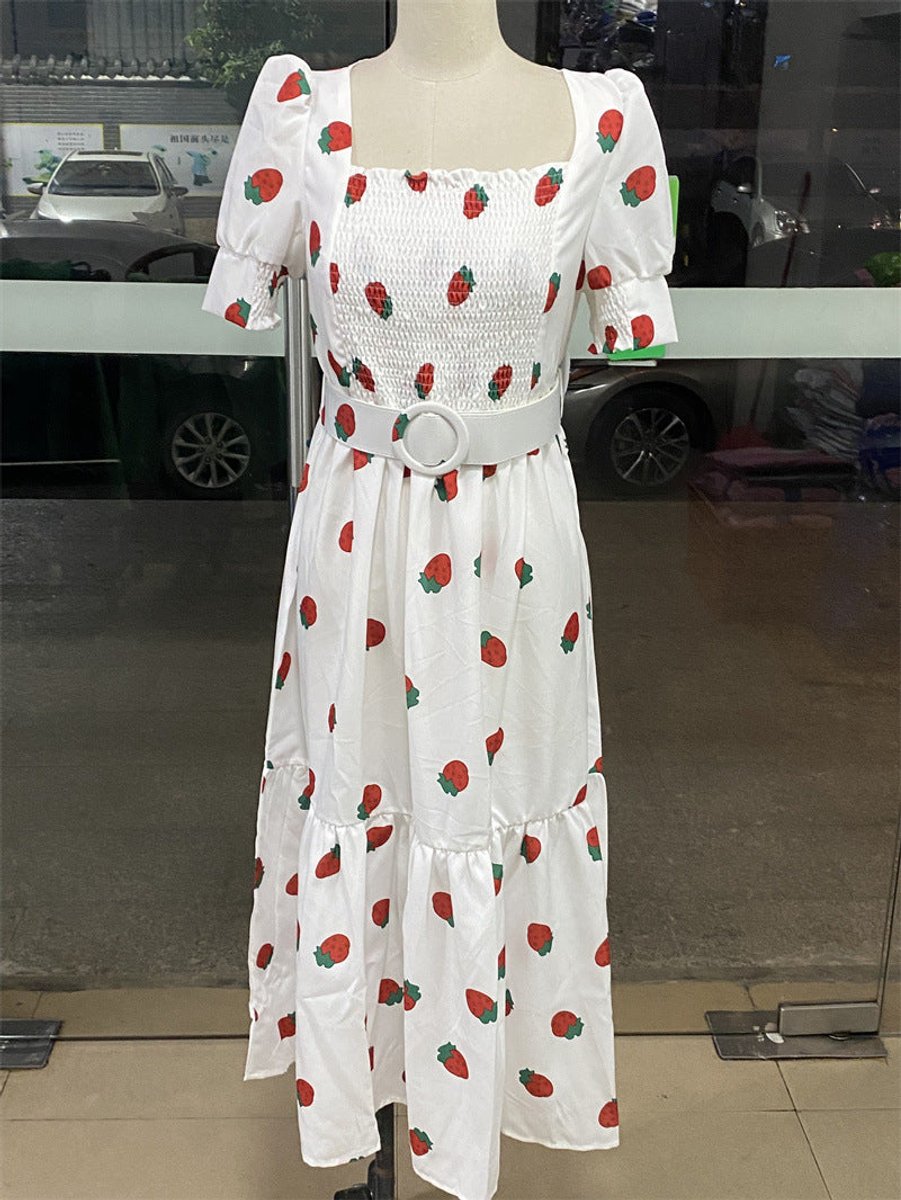 Women's Cherry Print Smocked Square-Neck Fall Midi Dress