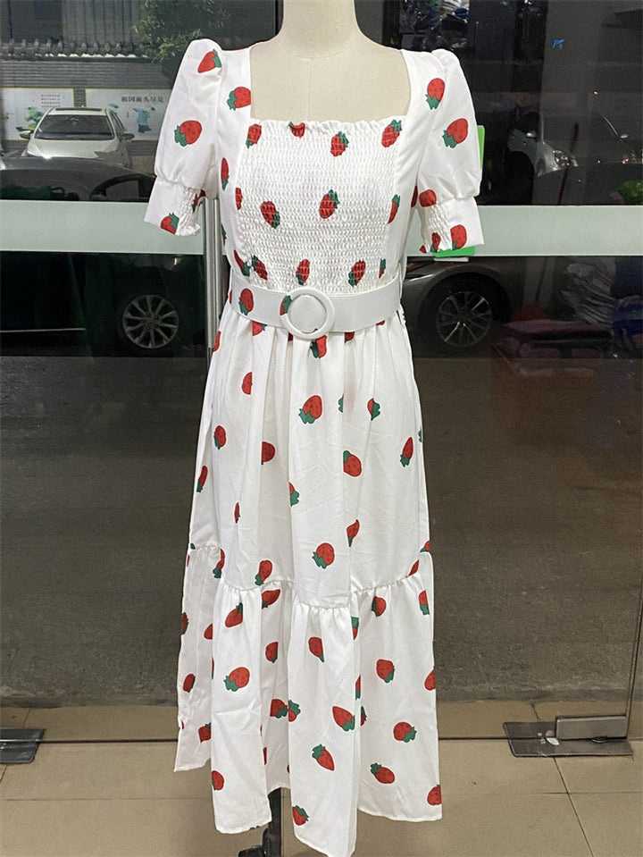 Women's Cherry Print Smocked Square-Neck Fall Midi Dress