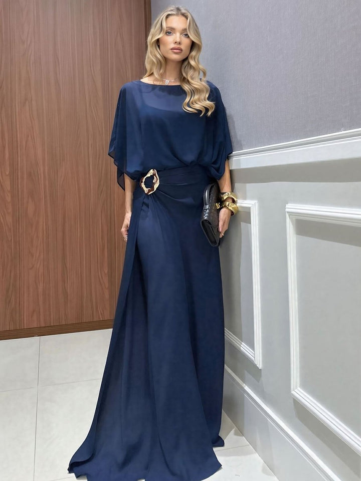 Women's Chiffon Cape Flowy Fall Wedding Guest Dress Maxi Set