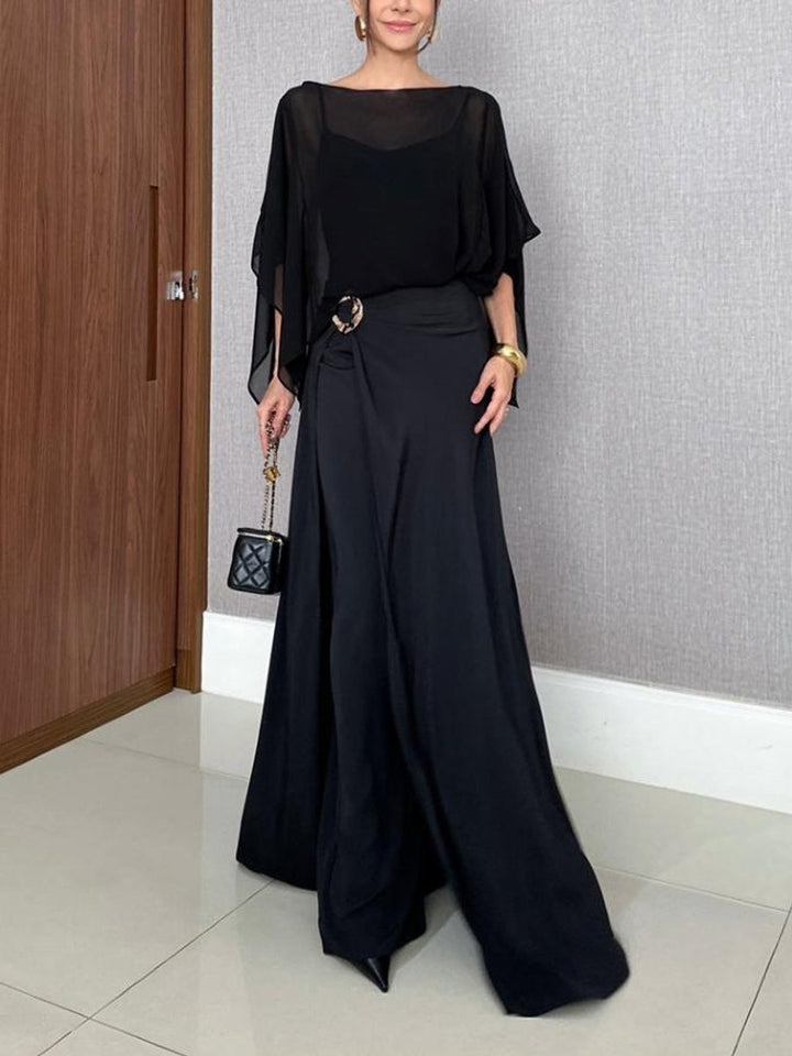 Women's Chiffon Cape Flowy Fall Wedding Guest Dress Maxi Set