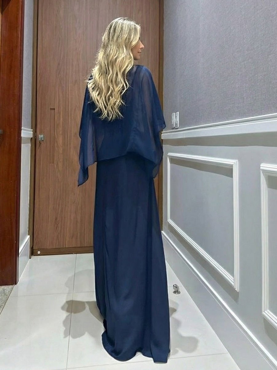 Women's Chiffon Cape Flowy Fall Wedding Guest Dress Maxi Set