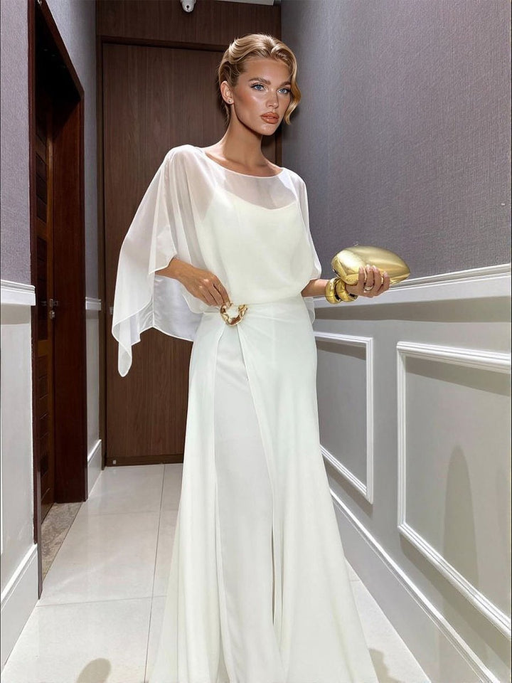 Women's Chiffon Cape Flowy Fall Wedding Guest Dress Maxi Set