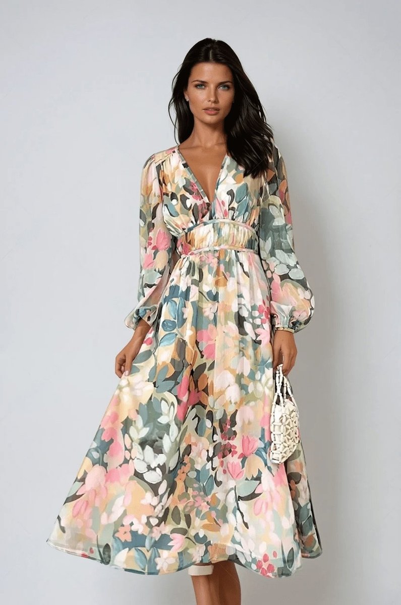 Women's Chiffon Floral Puff Sleeve Long Sleeve Fall Dress V-Neck Midi