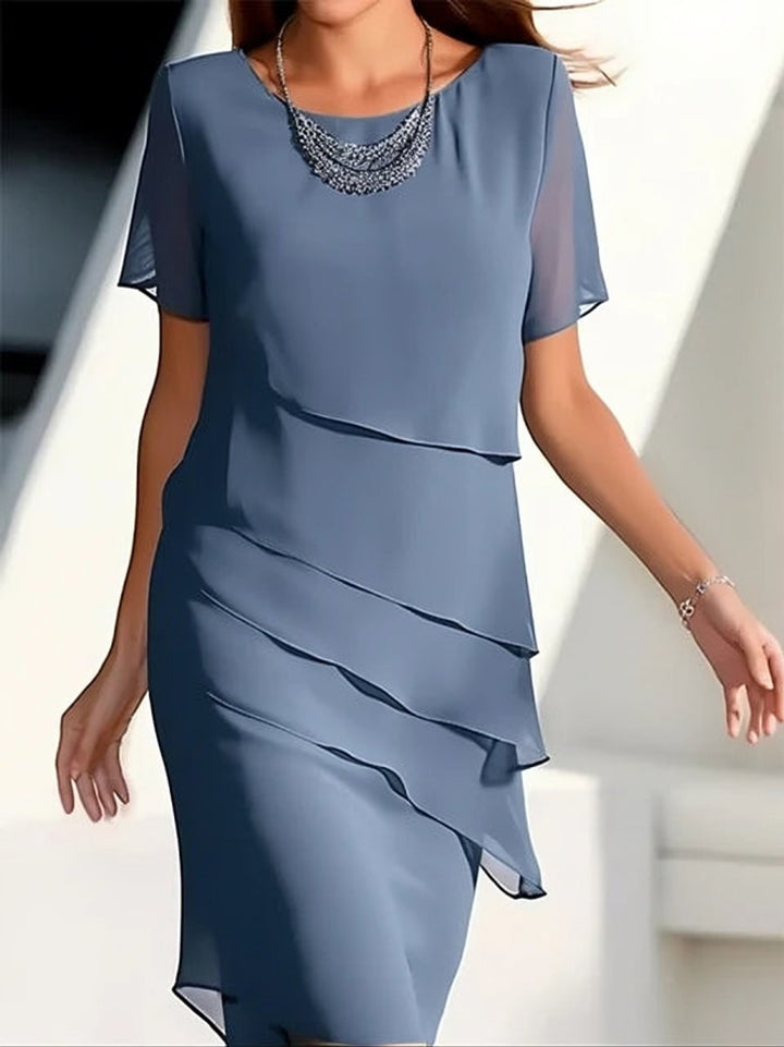 Women's Chiffon Tiered Short-Sleeve Fall Midi Dress