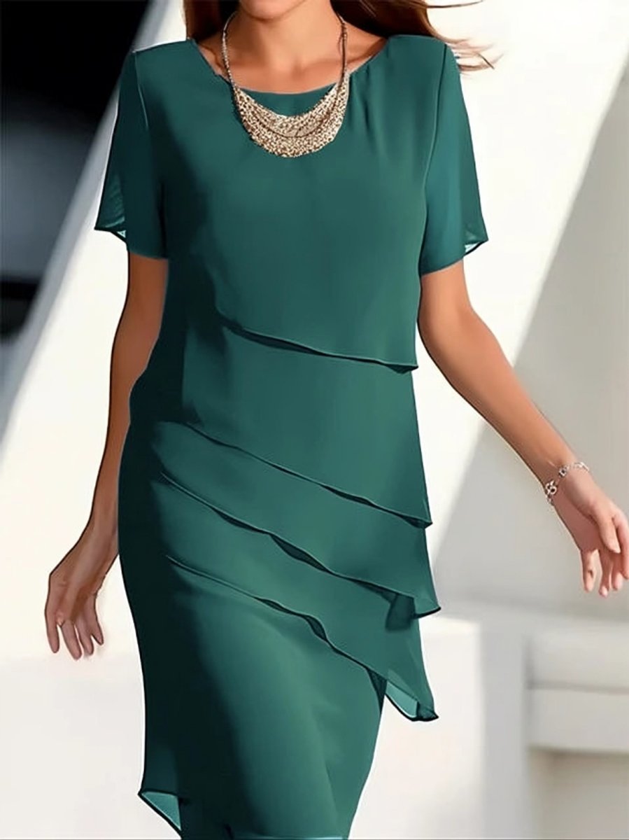 Women's Chiffon Tiered Short-Sleeve Fall Midi Dress