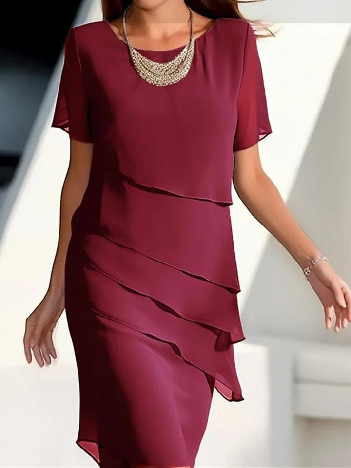 Women's Chiffon Tiered Short-Sleeve Fall Midi Dress