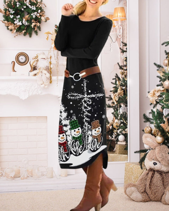 Women's Christmas Snowman Print Long Sleeve Fall Midi Dress