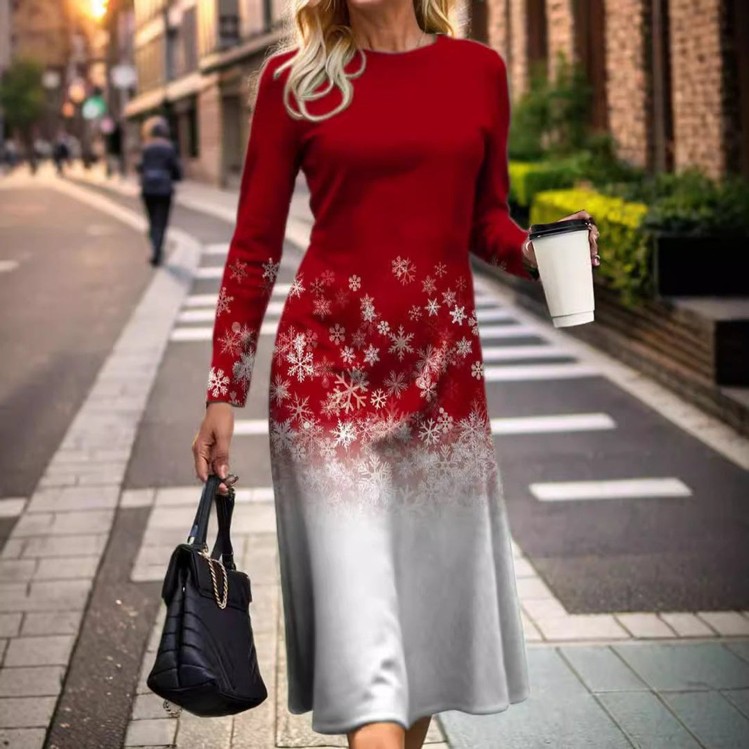 Women's Christmas Snowman Print Long Sleeve Fall Midi Dress