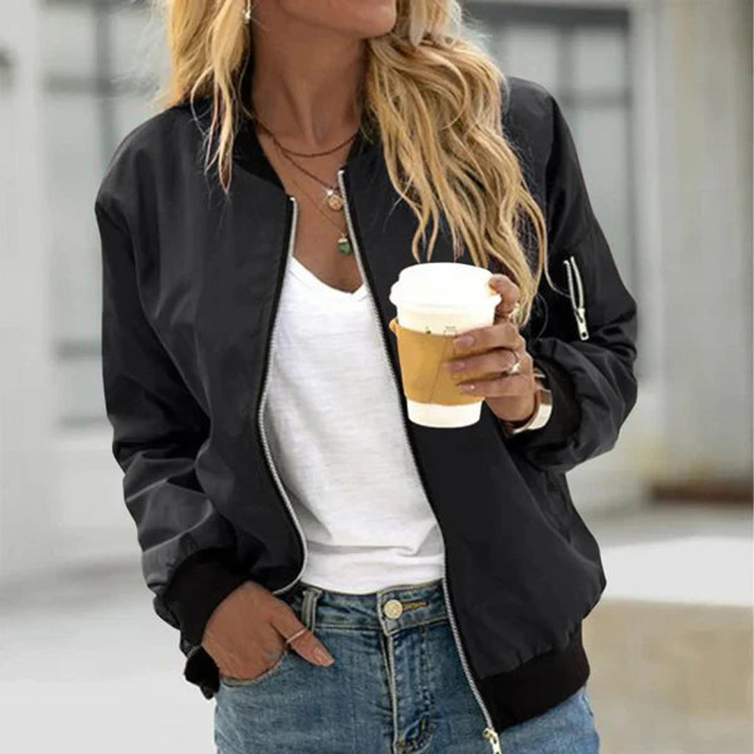 Women's Classic Zip-Up Bomber Jacket Elastic Cuff