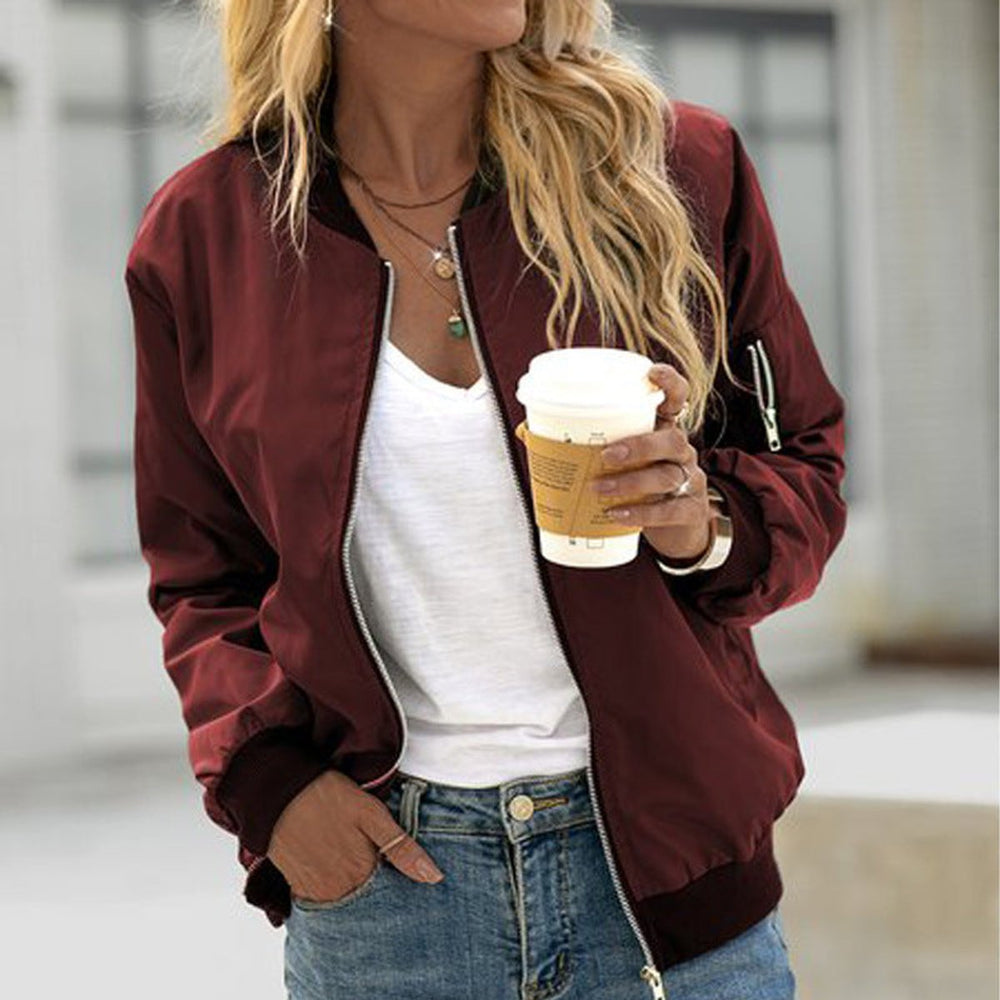 Women's Classic Zip-Up Bomber Jacket Elastic Cuff
