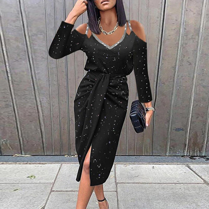 Women's Cold-Shoulder Long-Sleeve Glitter Fall Midi Dress