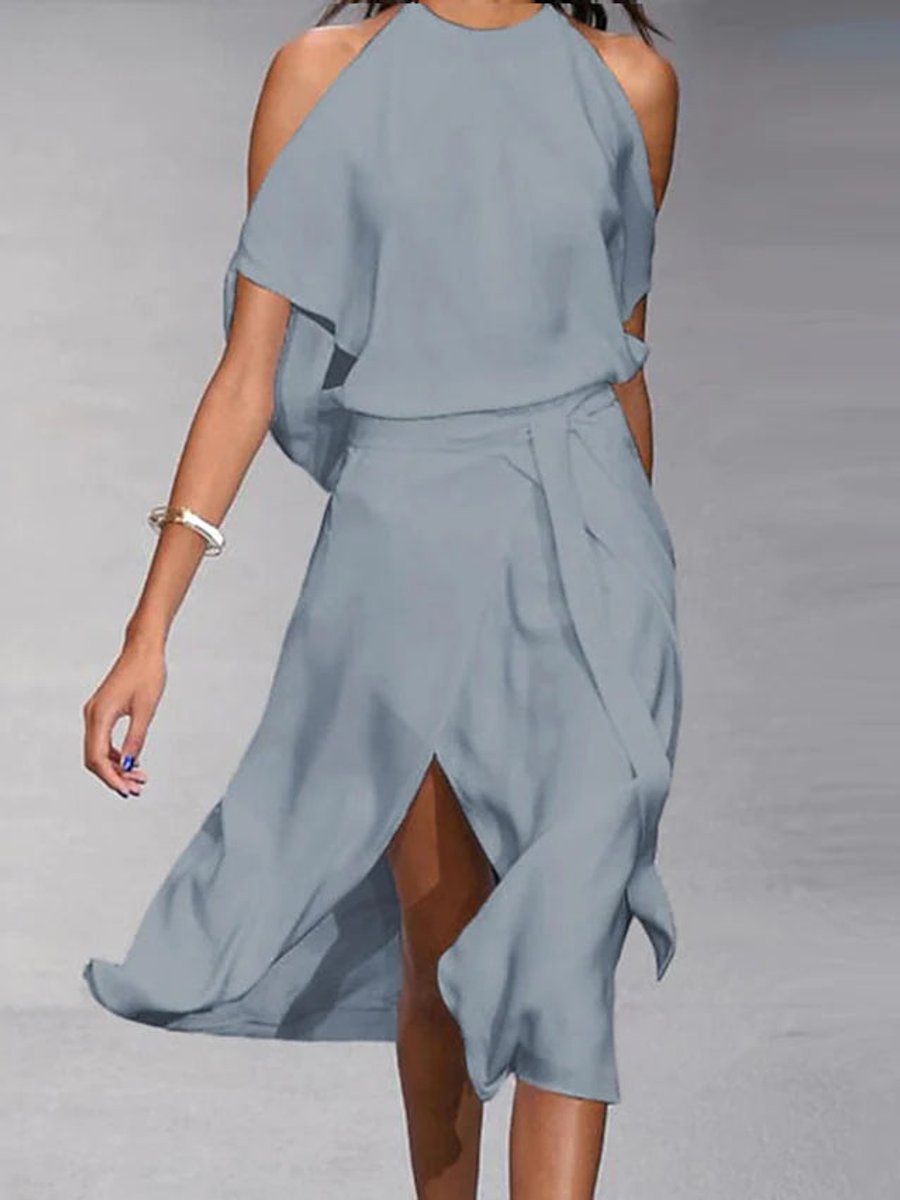 Women's Cold-Shoulder Wrap Front Fall Midi Dress Flowy Slit