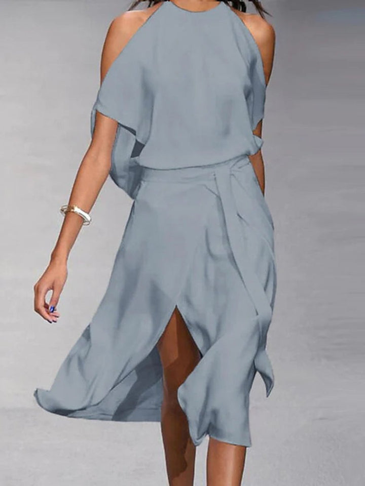 Women's Cold-Shoulder Wrap Front Fall Midi Dress Flowy Slit