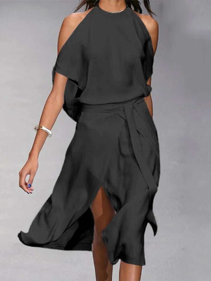 Women's Cold-Shoulder Wrap Front Fall Midi Dress Flowy Slit