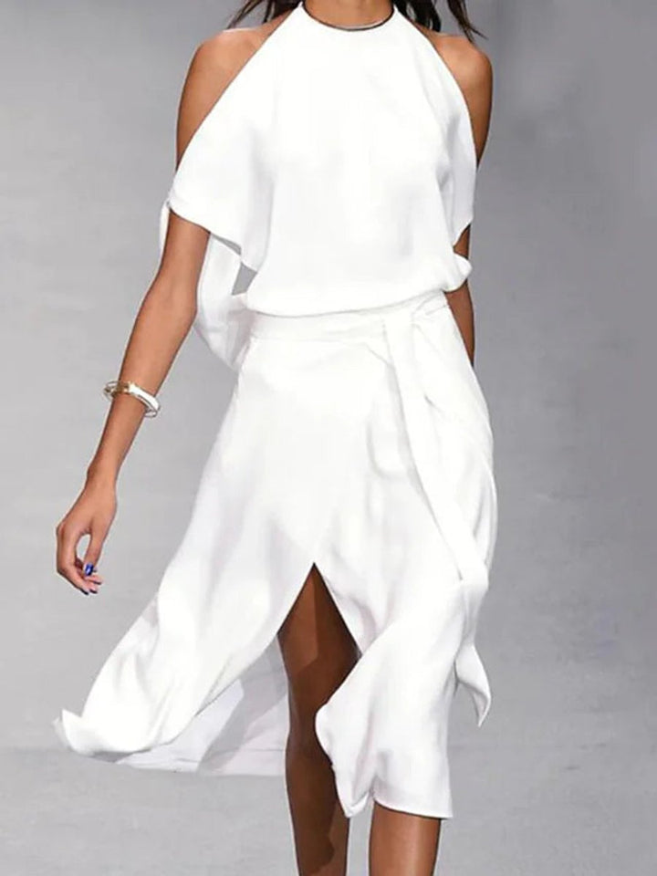 Women's Cold-Shoulder Wrap Front Fall Midi Dress Flowy Slit
