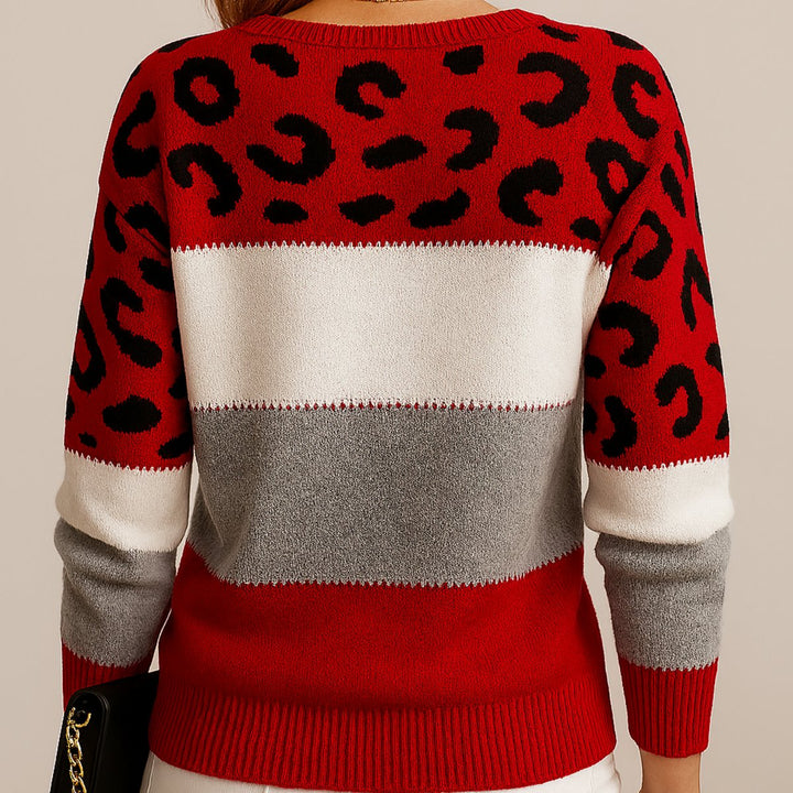 Women's Color-Block Leopard-Print Crewneck Knit Sweater