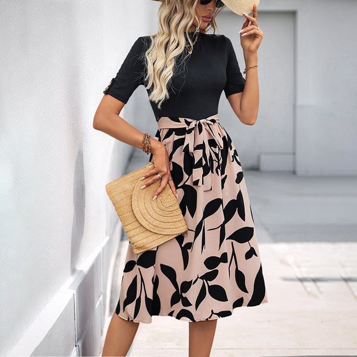 Women's Colorblock Belted Fall Midi Dress Mock Neck Floral Skirt