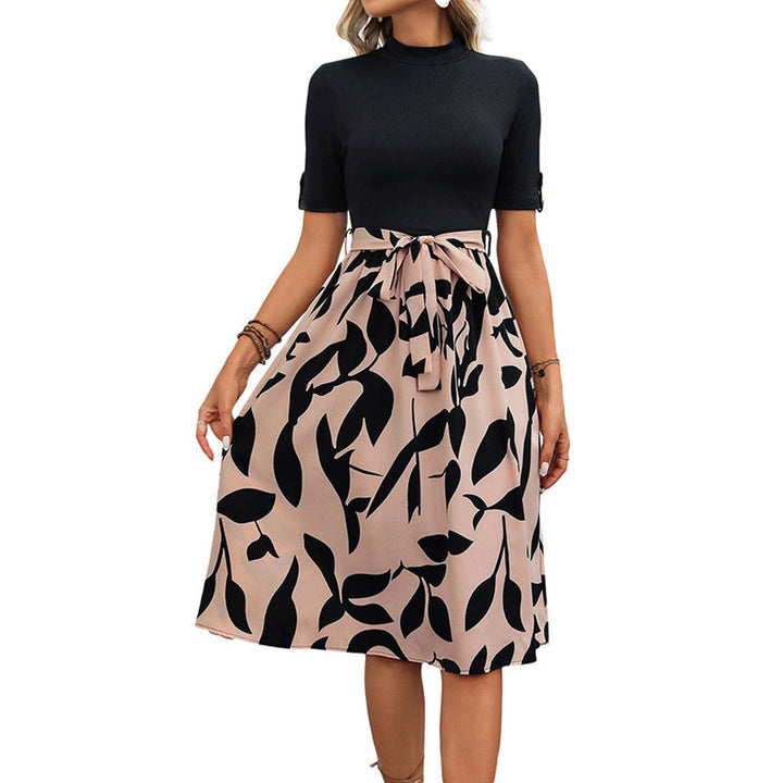 Women's Colorblock Belted Fall Midi Dress Mock Neck Floral Skirt
