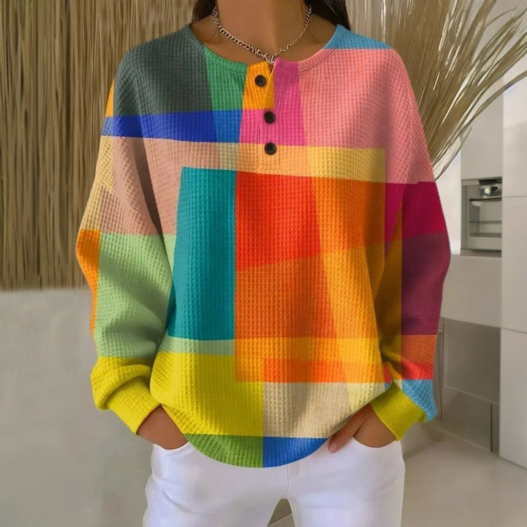Women's Colorblock Waffle-Knit Button-Neck Oversized Sweater
