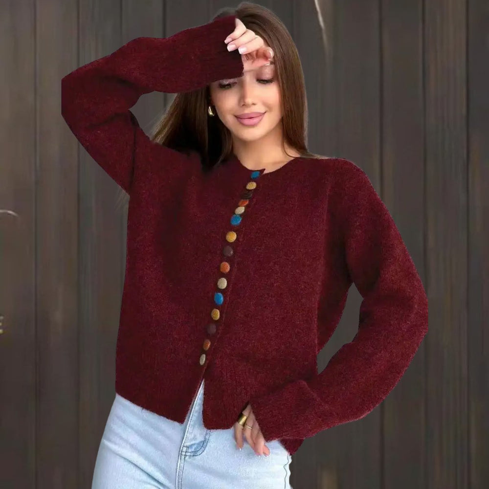 Women's Colorful Button Knit Cardigan Relaxed Crewneck Sweater
