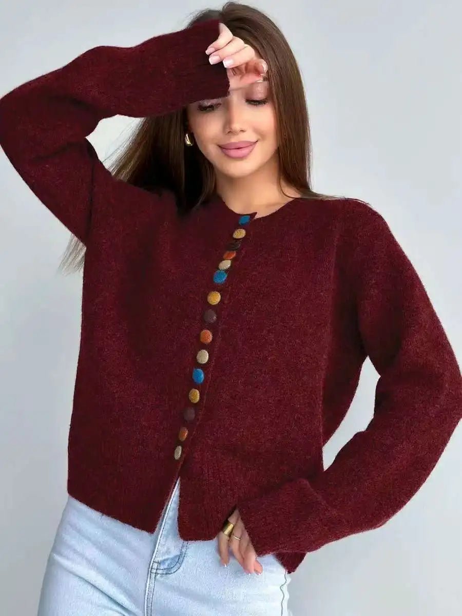 Women's Colorful Button Knit Cardigan Relaxed Crewneck Sweater