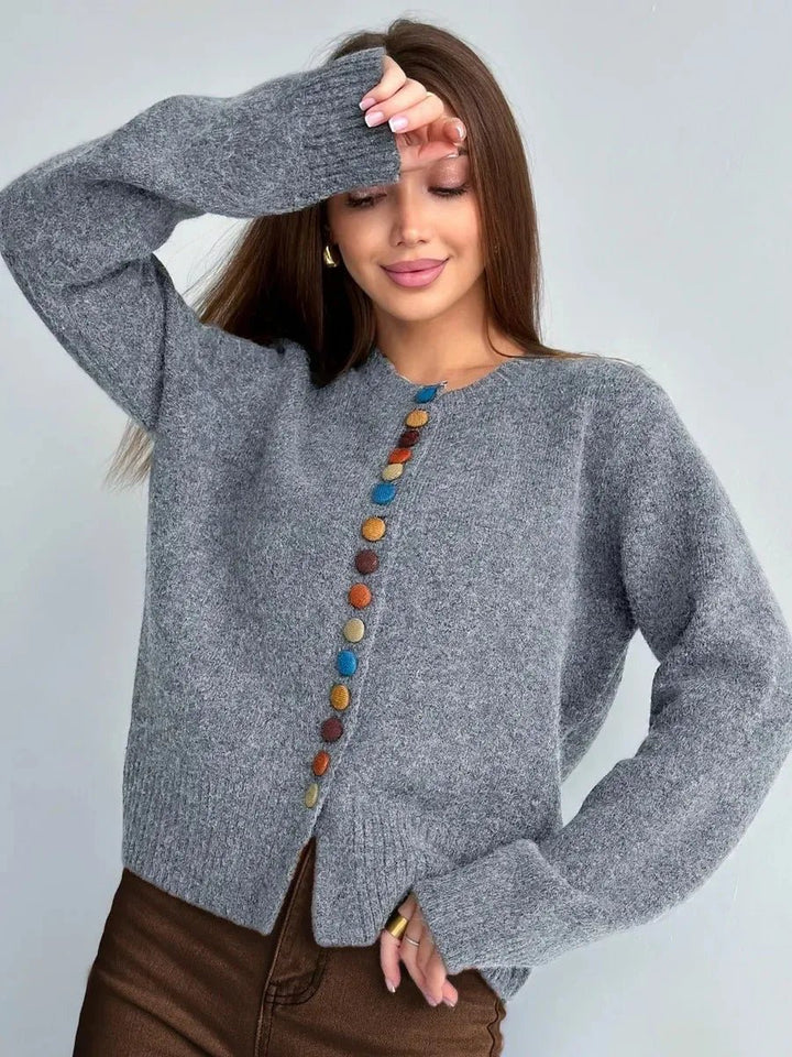 Women's Colorful Button Knit Cardigan Relaxed Crewneck Sweater