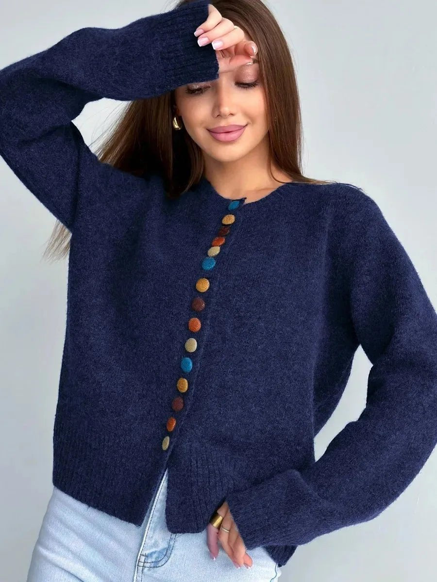 Women's Colorful Button Knit Cardigan Relaxed Crewneck Sweater