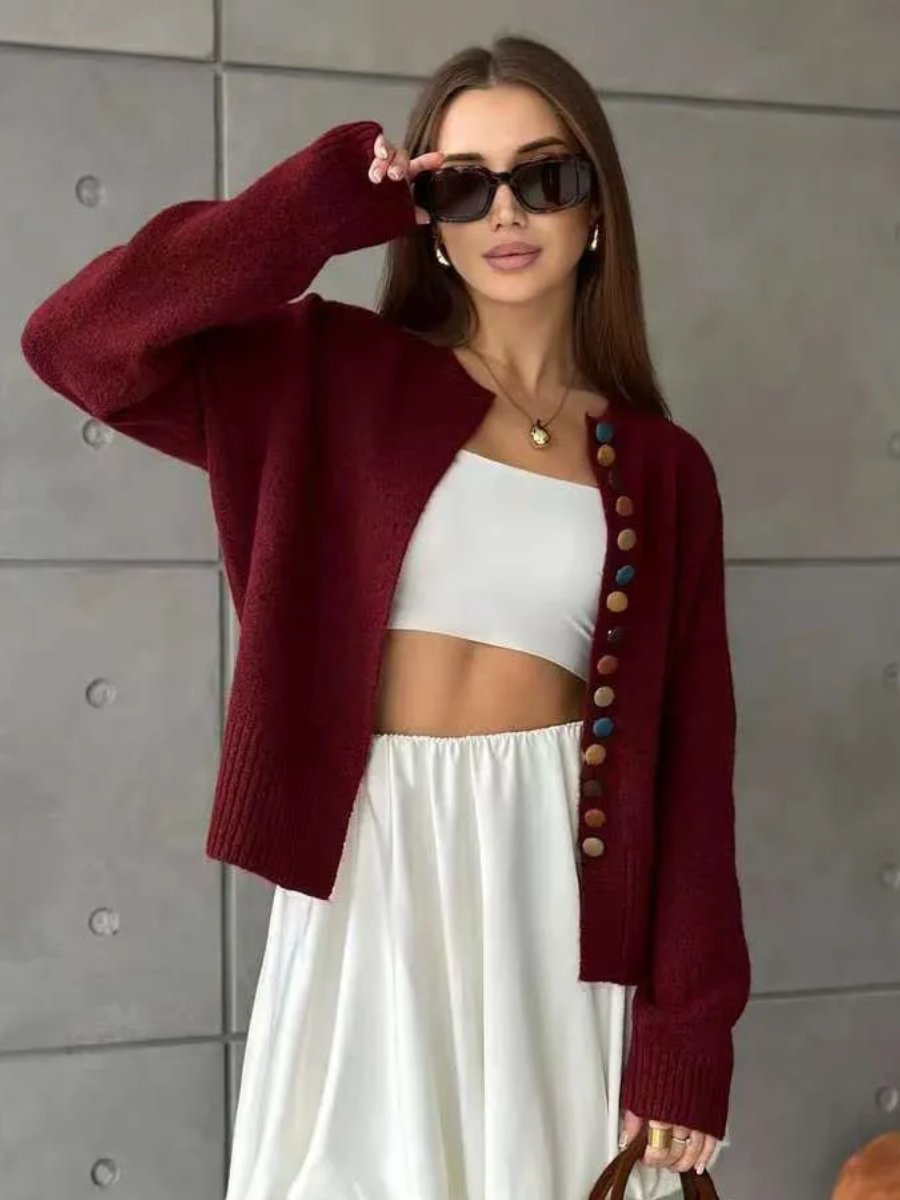 Women's Colorful Button Knit Cardigan Relaxed Crewneck Sweater