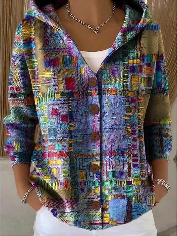 Women's Colorful Patchwork Button-Front Hooded Cardigan