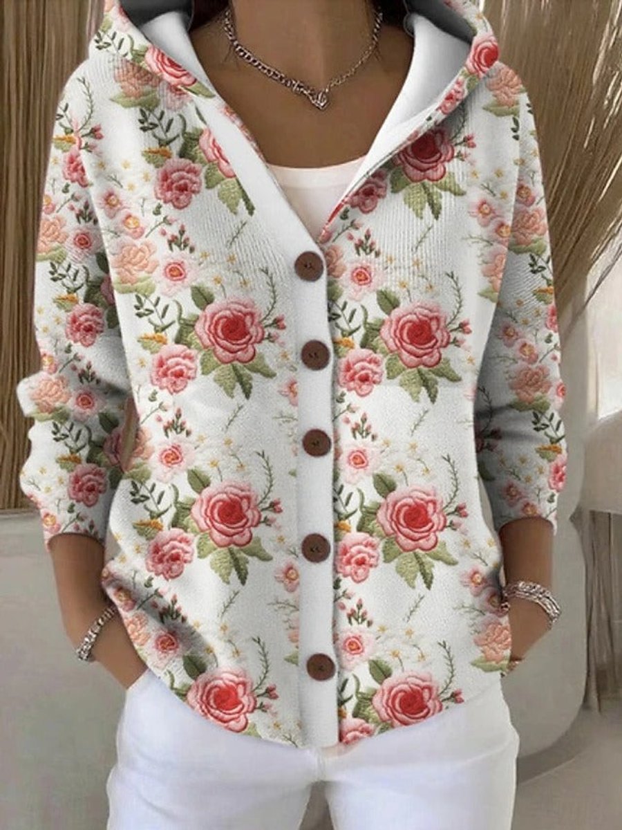 Women's Colorful Patchwork Button-Front Hooded Cardigan