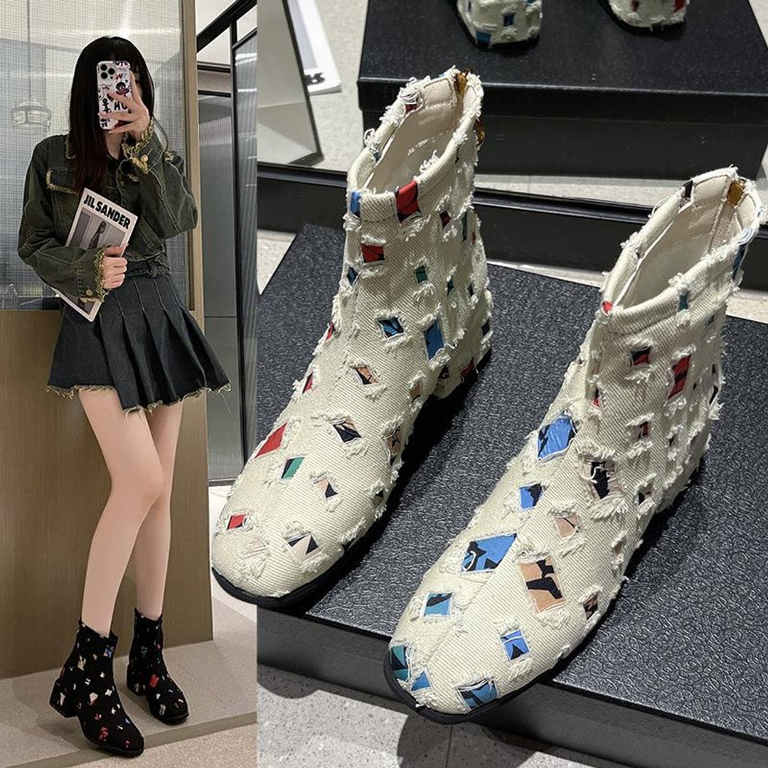 Women's Colorful Patchwork Distressed Denim Side-Zip Ankle Boots