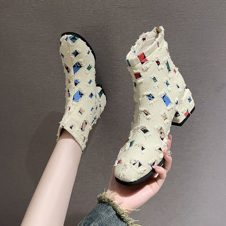 Women's Colorful Patchwork Distressed Denim Side-Zip Ankle Boots