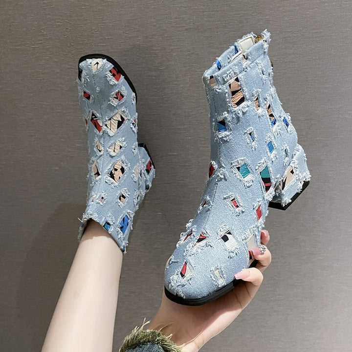 Women's Colorful Patchwork Distressed Denim Side-Zip Ankle Boots