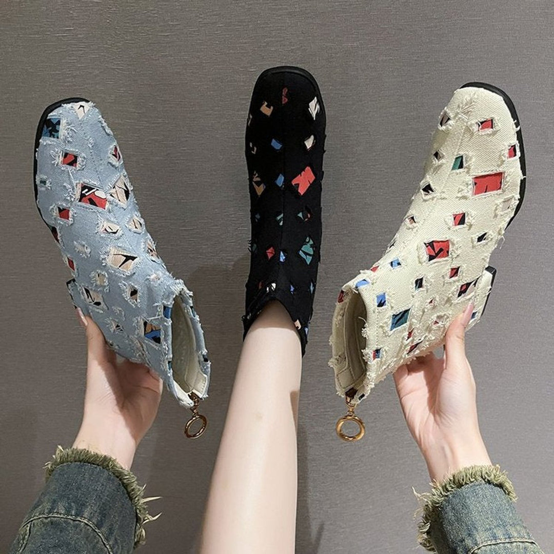 Women's Colorful Patchwork Distressed Denim Side-Zip Ankle Boots