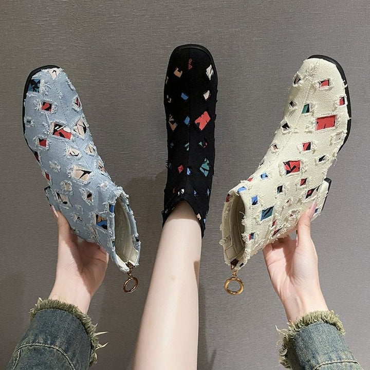 Women's Colorful Patchwork Distressed Denim Side-Zip Ankle Boots