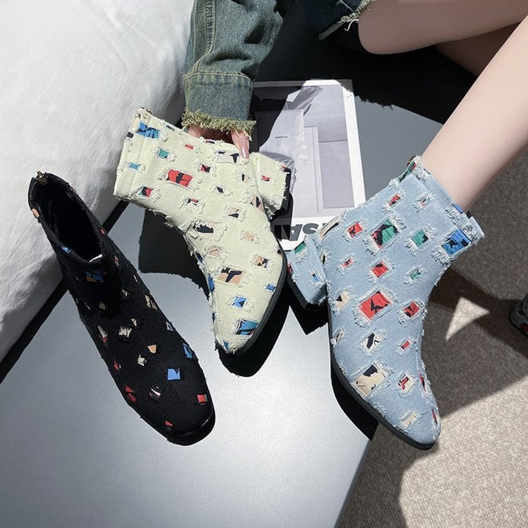 Women's Colorful Patchwork Distressed Denim Side-Zip Ankle Boots