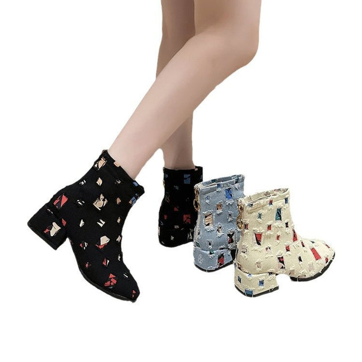 Women's Colorful Patchwork Distressed Denim Side-Zip Ankle Boots