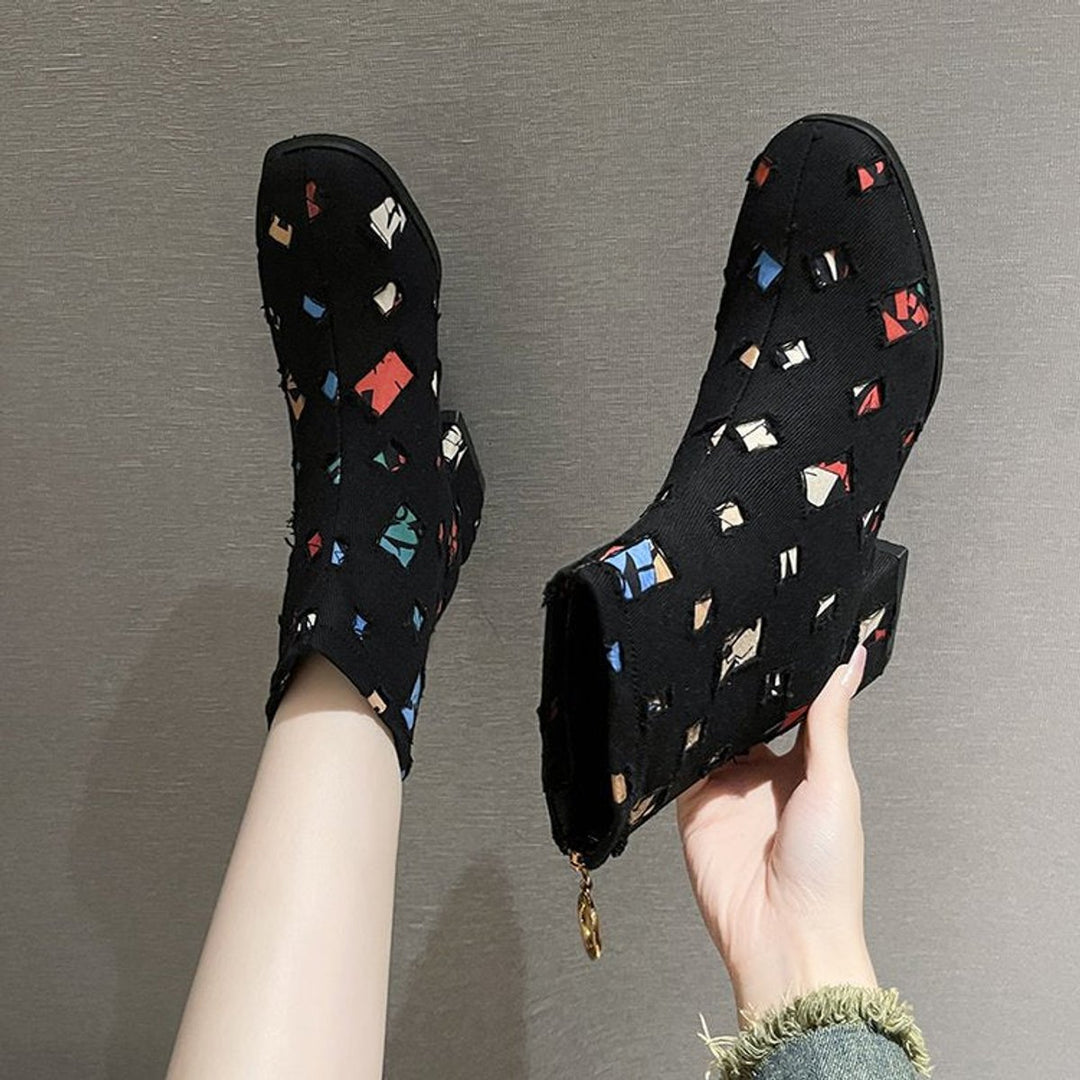 Women's Colorful Patchwork Distressed Denim Side-Zip Ankle Boots