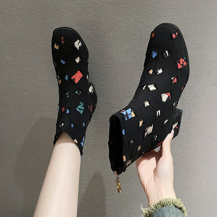 Women's Colorful Patchwork Distressed Denim Side-Zip Ankle Boots