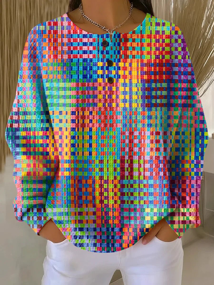 Women's Colorful Plaid Waffle-Knit Button-Neck Cardigan