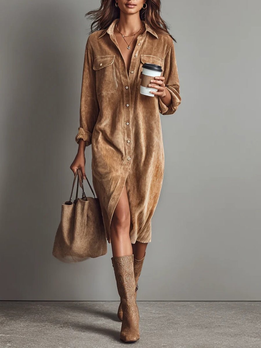 Women's Corduroy Button-Down Fall Wedding Guest Dress Midi