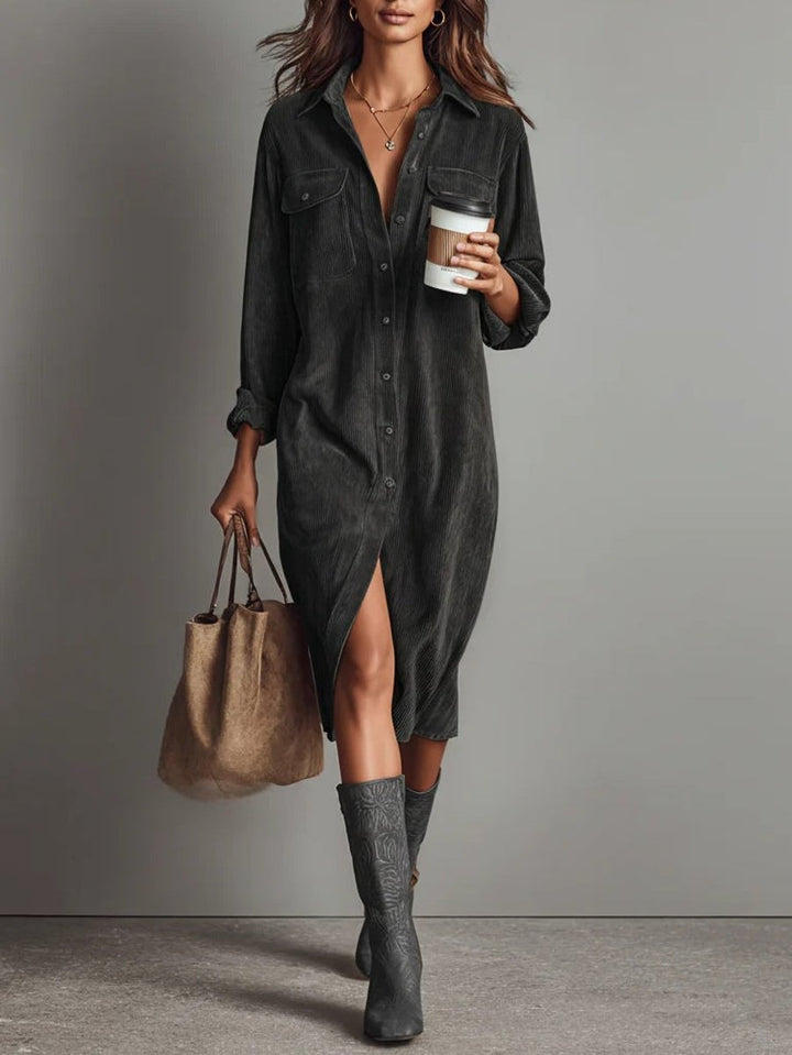 Women's Corduroy Button-Down Fall Wedding Guest Dress Midi