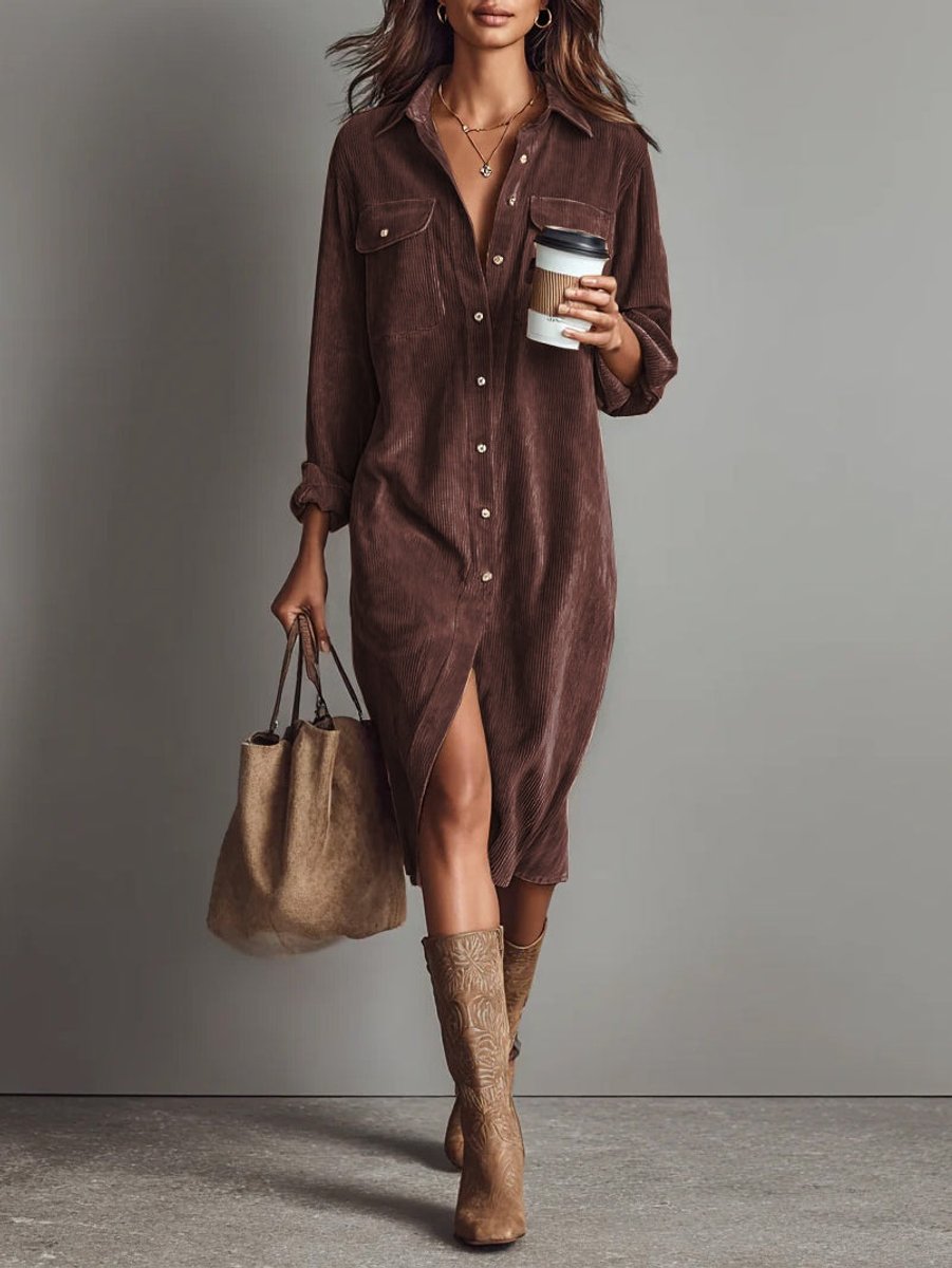 Women's Corduroy Button-Down Fall Wedding Guest Dress Midi