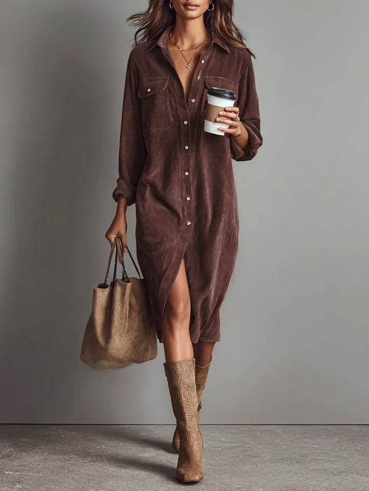 Women's Corduroy Button-Down Fall Wedding Guest Dress Midi