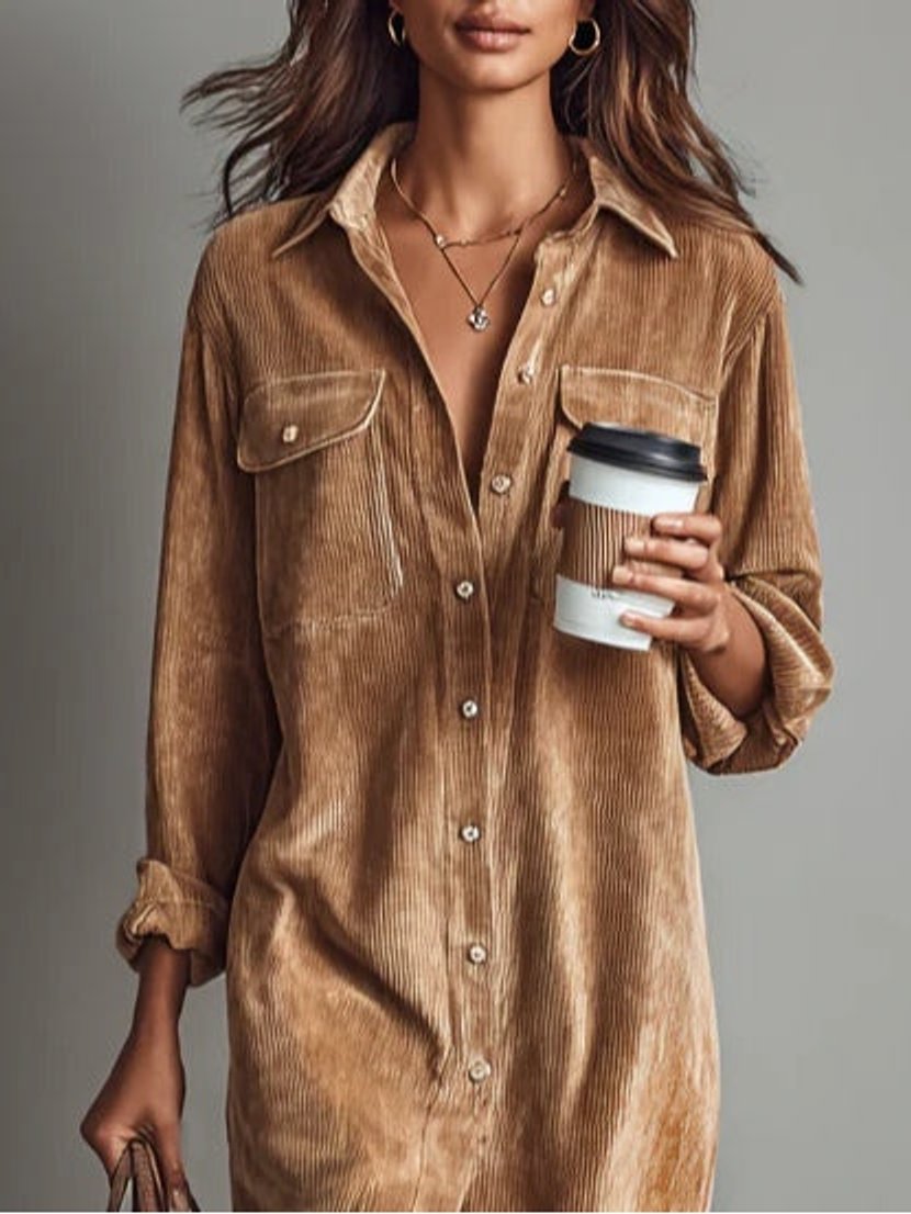 Women's Corduroy Button-Down Fall Wedding Guest Dress Midi