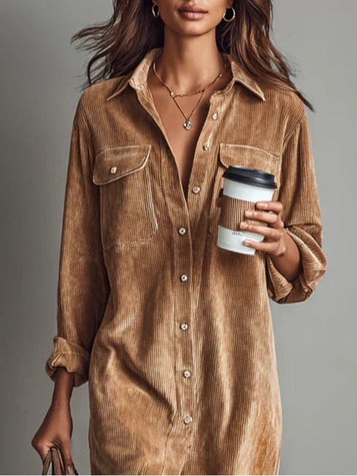 Women's Corduroy Button-Down Fall Wedding Guest Dress Midi