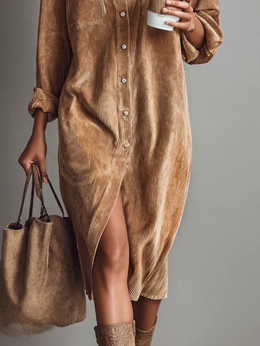 Women's Corduroy Button-Down Fall Wedding Guest Dress Midi