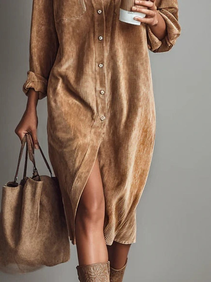 Women's Corduroy Button-Down Fall Wedding Guest Dress Midi